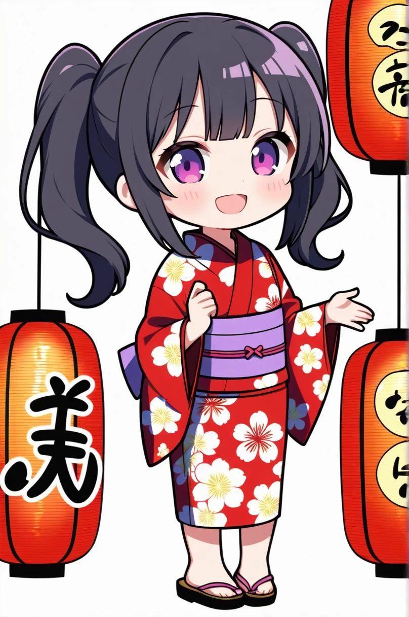 One girl, alone, (chibi 2), Long Hair,Black Hair, ,Purple eyes,smile,happiness, Shine, yukata,Summer festival, Twin tails,Simple white background,whole body, 