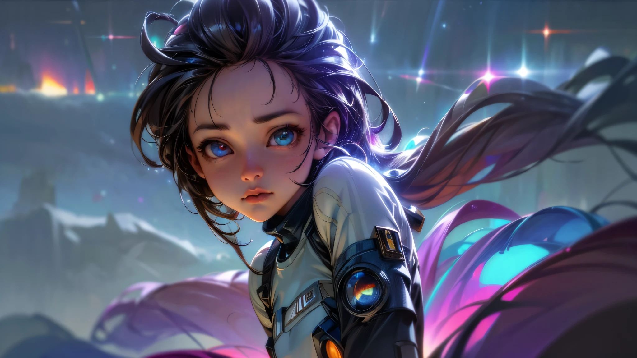 perfect eyes, Zoe,  girl, long hair, flat chest, Heterochromia, astronaut, beautiful detailed eyes, beautiful detailed lips, extremely detailed eyes and face, long eyelashes, 1girl, astronaut, heterochromia, space, beautiful stars, beautiful galaxies, (best quality,4k,8k,highres,masterpiece:1.2),ultra-detailed,(realistic,photorealistic,photo-realistic:1.37),digital art, science fiction, surreal, cinematic lighting, vibrant colors, dramatic lighting, medium shot, full body, waist up, centered, detailed background, stars and galaxies in the distance, 