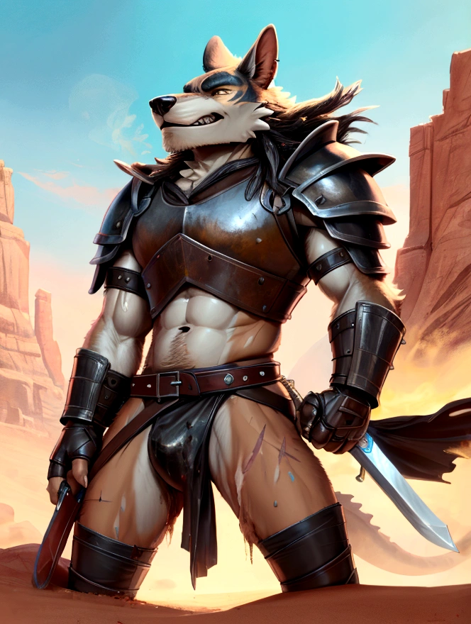 Solo Sexy young anthro scalie dragon male mercenary medieval solider, slim endomorph muscular, anthro handsome gay shorter muzzle, handsome gay model male apperance, sword scars, worn out leather skimpy armament, low on hips heavy leather belt, old very worn out skimpy dirty linen material jockstrap, old yellow dirty worn out stains on white sawn jockstrap, very visible "x" brown seam pattern on the jockstrap, studded skimpy armlets breastplate armor, skimpy breastplate, red husk, leather bondages, fingerless leather gloves, smelly unwashed husk, dirty body look, desert battlefield, standing in sexy fighting position, horny dirty playfull grin, close view of full character