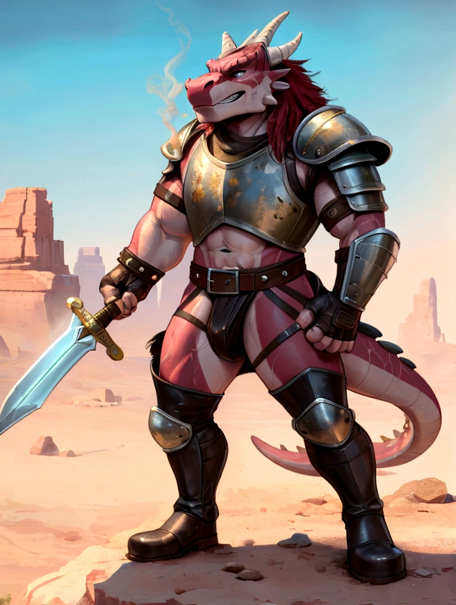 Solo Sexy young anthro scalie dragon male mercenary medieval solider, slim endomorph muscular, anthro handsome gay shorter muzzle, handsome gay model male apperance, sword scars, worn out leather skimpy armament, low on hips heavy leather belt, old very worn out skimpy dirty linen material jockstrap, old yellow dirty worn out stains on white sawn jockstrap, very visible "x" brown seam pattern on the jockstrap, studded skimpy armlets breastplate armor, skimpy breastplate, red husk, leather bondages, fingerless leather gloves, smelly unwashed husk, dirty body look, desert battlefield, standing in sexy fighting position, horny dirty playfull grin, close view of full character