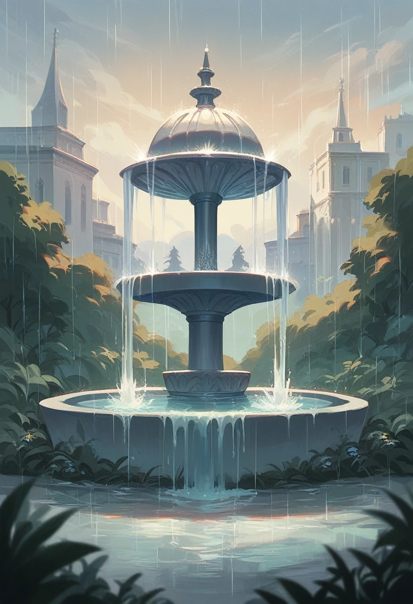 Landscape France fountain, rain cold lights and violet reflections