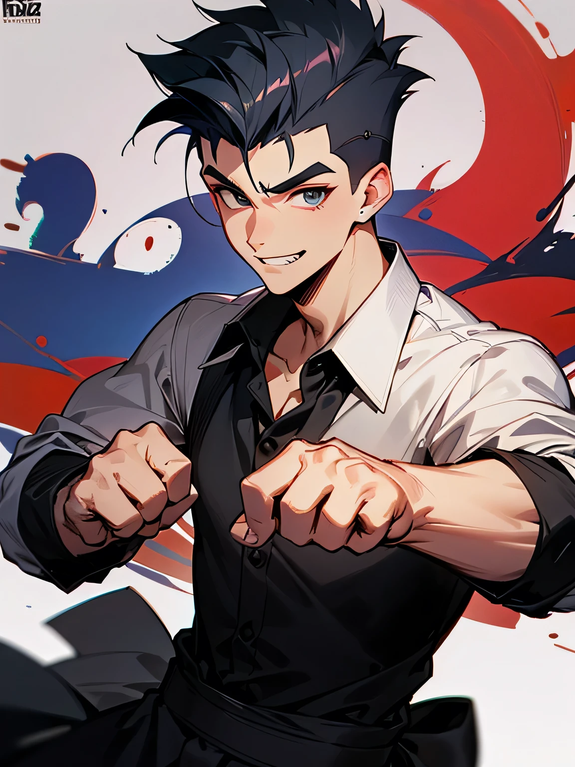 solo,looking at viewer,upperbody,young man, very short black High top fade,(black Buzz cut), (shaved sides),(black dress shirt), handsome face, male eyes, male nose, male mouth, grin, fighting stance, graffiti,