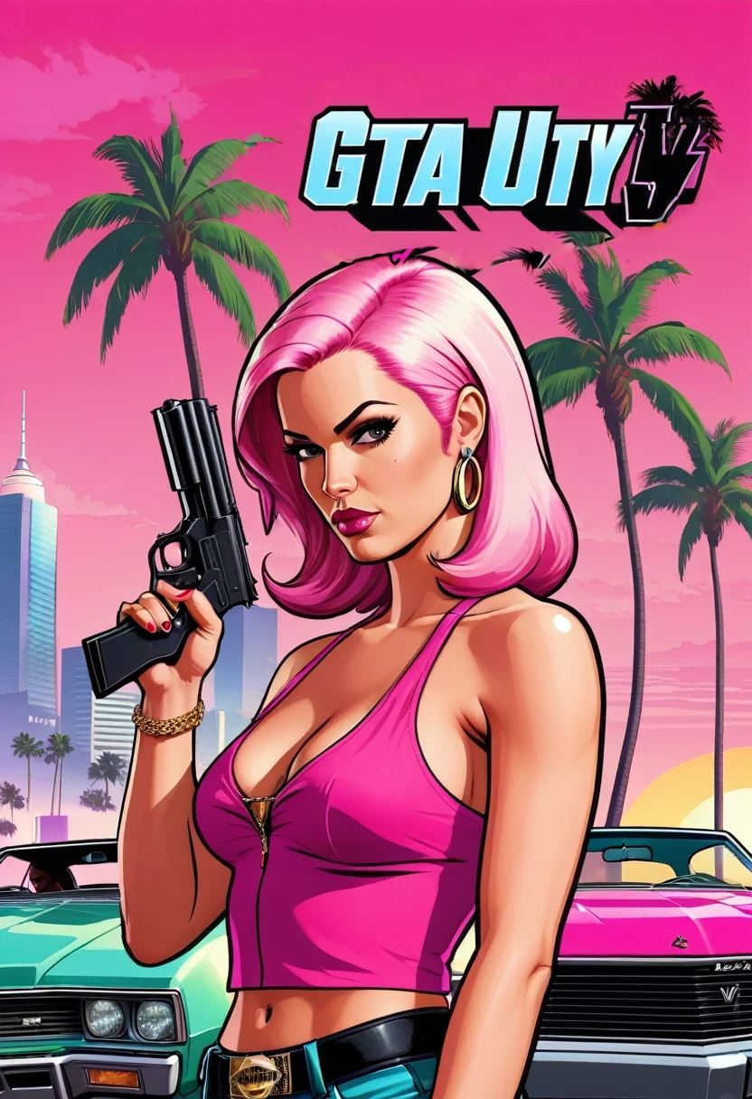 (gta style:1.5),(GTA Vice City, GTA 5 cover art, gta style: 1.5), with a white woman long pink hair with gun without gta symbol