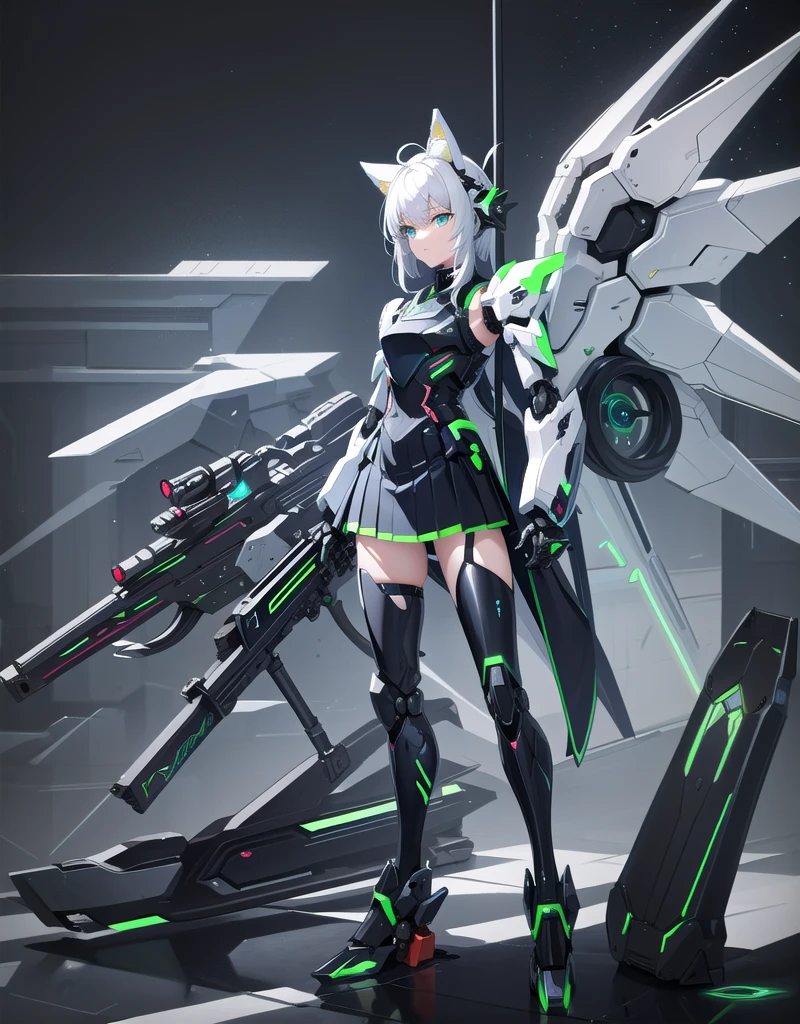 girl with partial light mecha top suit ((small neko ears)) and ((fox tail)), mechanical extensions, stokings, ((one leg has a_ black stocking)), the other leg is skin, holding a giant Sniper Rifle Pointed to the ground, Beautiful face with perfect sky-blue and green eyes, white hair, damaged oversized shirt over the suit which shows shoulders and skin. Futuristic wings with neon and rifles Cool dynamic pose, school skirt, mecha musume, mechanical parts, mecha, headgear, robot joints, full armor, becoming a mecha. High quality anime style