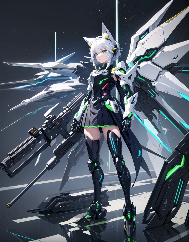 girl with partial light mecha top suit ((small neko ears)) and ((fox tail)), mechanical extensions, stokings, ((one leg has a_ black stocking)), the other leg is skin, holding a giant Sniper Rifle Pointed to the ground, Beautiful face with perfect sky-blue and green eyes, white hair, damaged oversized shirt over the suit which shows shoulders and skin. Futuristic wings with neon and rifles Cool dynamic pose, school skirt, mecha musume, mechanical parts, mecha, headgear, robot joints, full armor, becoming a mecha. High quality anime style