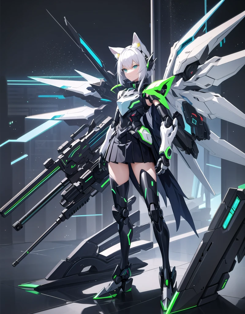 girl with partial light mecha top suit ((small neko ears)) and ((fox tail)), mechanical extensions, stokings, ((one leg has a_ black stocking)), the other leg is skin, holding a giant Sniper Rifle Pointed to the ground, Beautiful face with perfect sky-blue and green eyes, white hair, damaged oversized shirt over the suit which shows shoulders and skin. Futuristic wings with neon and rifles Cool dynamic pose, school skirt, mecha musume, mechanical parts, mecha, headgear, robot joints, full armor, becoming a mecha. High quality anime style