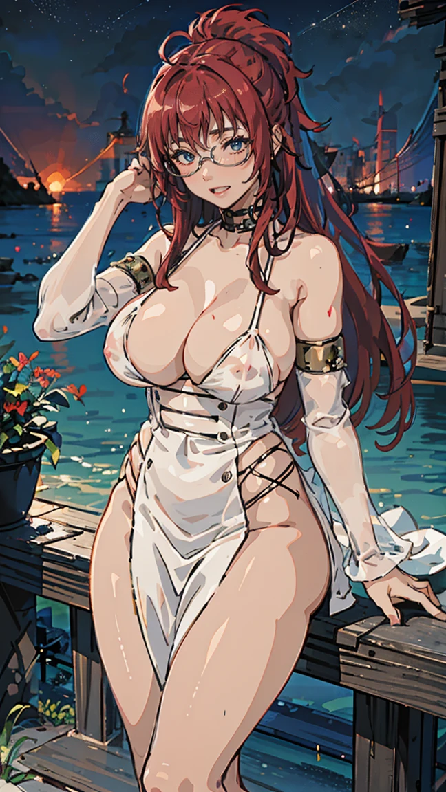 Lilia Greyrat, milf, old woman, red hair, mide, (( desnuda,flushed, smile coqueta, black lipstick)) , (( flushed, smile, oiled skin, glasses)), picking up her breasts, (( rubor, Caderas anchas)), skinny body, (( nude, gigantic sagging breast )), long legs, open legs,Iparuputsua, standing, ((de pie)), on the beach at night, city lights in the distance, Cancun, image from below