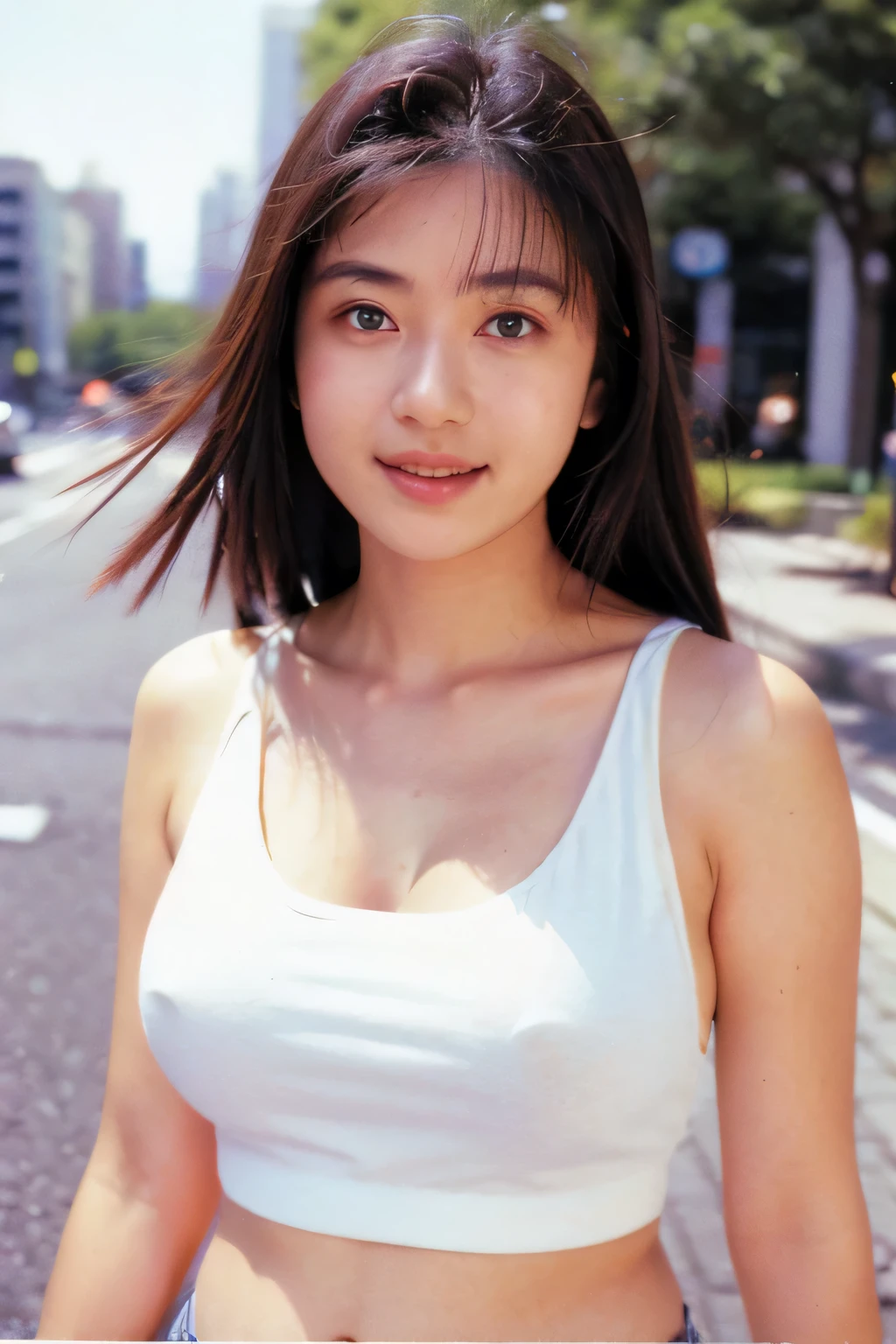 high school girl、((highest quality、8K resolution、master masterpiece、portrait:1.3)), Photoreal, 35mm film, 1 Japanese female, Upper body、on the street during the day,tassel 、 wrinkles around the eyes, plump body_large breast,(((Tank top))),smile , (outdoor:city street 1.3), jumbled background,look at the audience,Tokyo cityscape:1.3,smile、