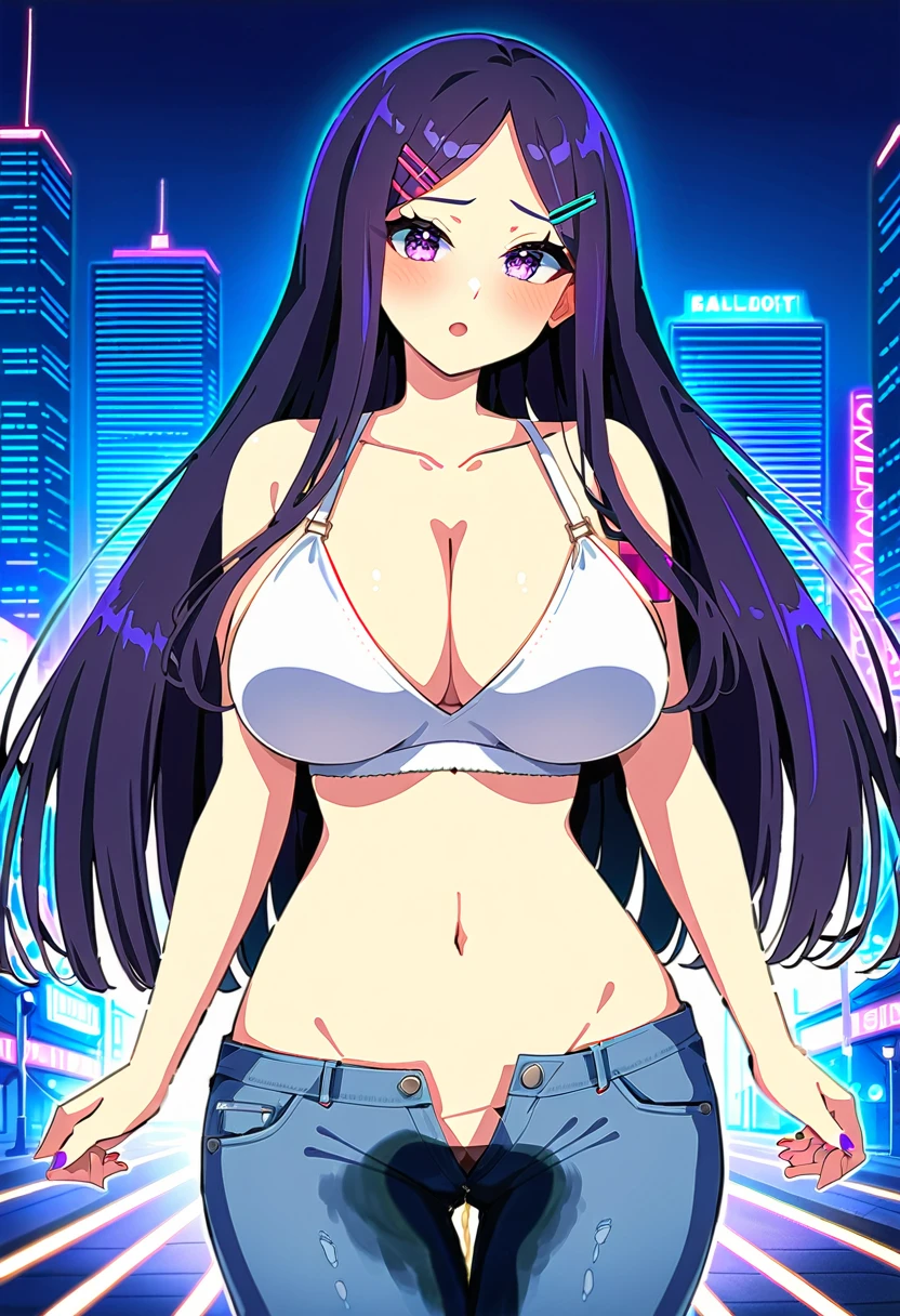(masterpiece:1.37), best quality, (extremely detailed:1.37), woman, (mature:1.5), adult, large breasts, very long hair, (straight hair:1.5), dark purple hair, purple eyes, (extremely detailed eyes:1.37), crop top, cleavage, navel, jeans, open fly, (groin:1.25), desperation, (wetting: self 3.0), standing, city, futuristic, neon lighting, high-tech, street, masturbation