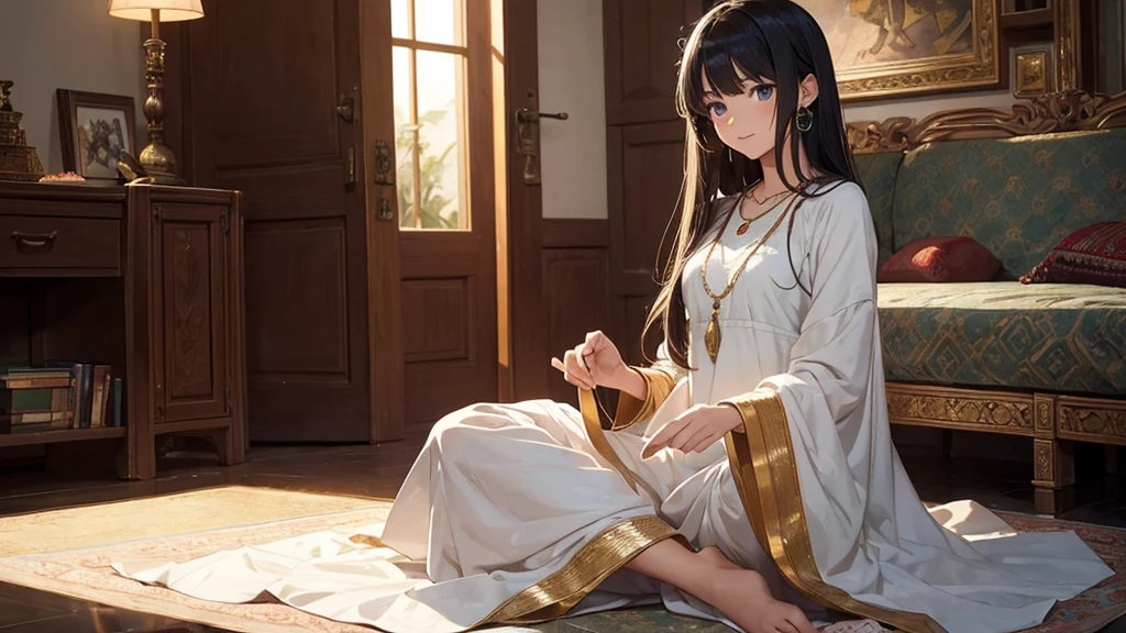 "Create an anime-style image of a 16-year-old girl named Mellow. Mellow should have the following characteristics:Eyes: Blue, reflecting a serene and calm expression.Hair: Long, straight, and black, flowing smoothly down her back.Expression: Serene and peaceful, with a gentle smile that conveys tranquility.Outfit: Mellow should be dressed in an Anarkali suit, which is a long, flowy dress that is fitted at the top and flares out at the bottom. The Anarkali suit should be beautifully embroidered, reflecting traditional Indian style. The colors and patterns should be rich and detailed, showcasing intricate designs.
Accessories: Minimal, perhaps a simple bracelet or necklace to keep the focus on her natural beauty and the traditional attire.
Pose and Setting:Pose: She should be sitting and playing a sitar, with her posture reflecting a sense of relaxation and engagement with the music.
Setting: The background should depict a cozy and well-lit indoor setting, capturing the peaceful and relaxing atmosphere. Elements such as soft lighting, traditional Indian decor, and a serene ambiance should be present.
Negative Prompt: Ensure no text is included in the image."