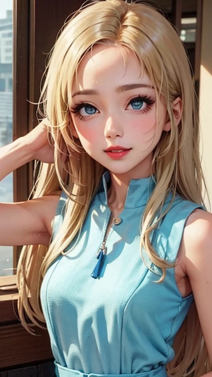 blush a little and smile, (Top quality masterpiece:1.2) Delicate illustrations, Very detailed, /Beautiful Japanese Women、1 person,Very cute and slim、Great style 、((8K images、super high quality))、Very delicate face, Skin and Hair、beautifule forehead、Red lipstick、(((((Long Hair、Blonde、lure))))),Very cute Japanese cut face、Eyes and nose are clearly visible、Kind eyes,((((Sleeveless fashion))))