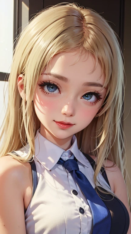 blush a little and smile, (Top quality masterpiece:1.2) Delicate illustrations, Very detailed, /Beautiful Japanese Women、1 person,Very cute and slim、Great style 、((8K images、super high quality))、Very delicate face, Skin and Hair、beautifule forehead、Red lipstick、(((((Long Hair、Blonde、lure))))),Very cute Japanese cut face、Eyes and nose are clearly visible、Kind eyes,((((Sleeveless fashion))))