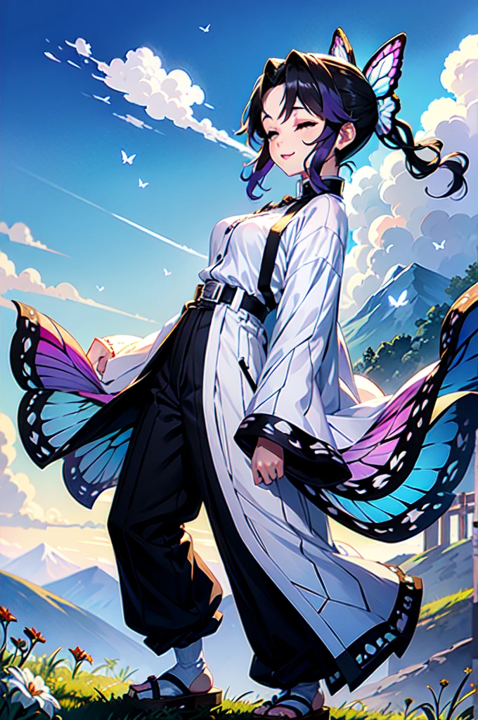 shinobu, 1girl, open breast, sexy, solo, smile, short hair, black hair, hair ornament, long sleeves, standing, full body, closed eyes, purple hair, flower, outdoors, japanese clothes, sky, belt, pants, cloud, wide sleeves, from side, parted bangs, night, bird, sandals, bug, animal print, butterfly, blue flower, butterfly hair ornament, haori, field, white belt, blue butterfly, demon slayer uniform, butterfly print, butterfly on hand, masterpiece, royal background, magical,