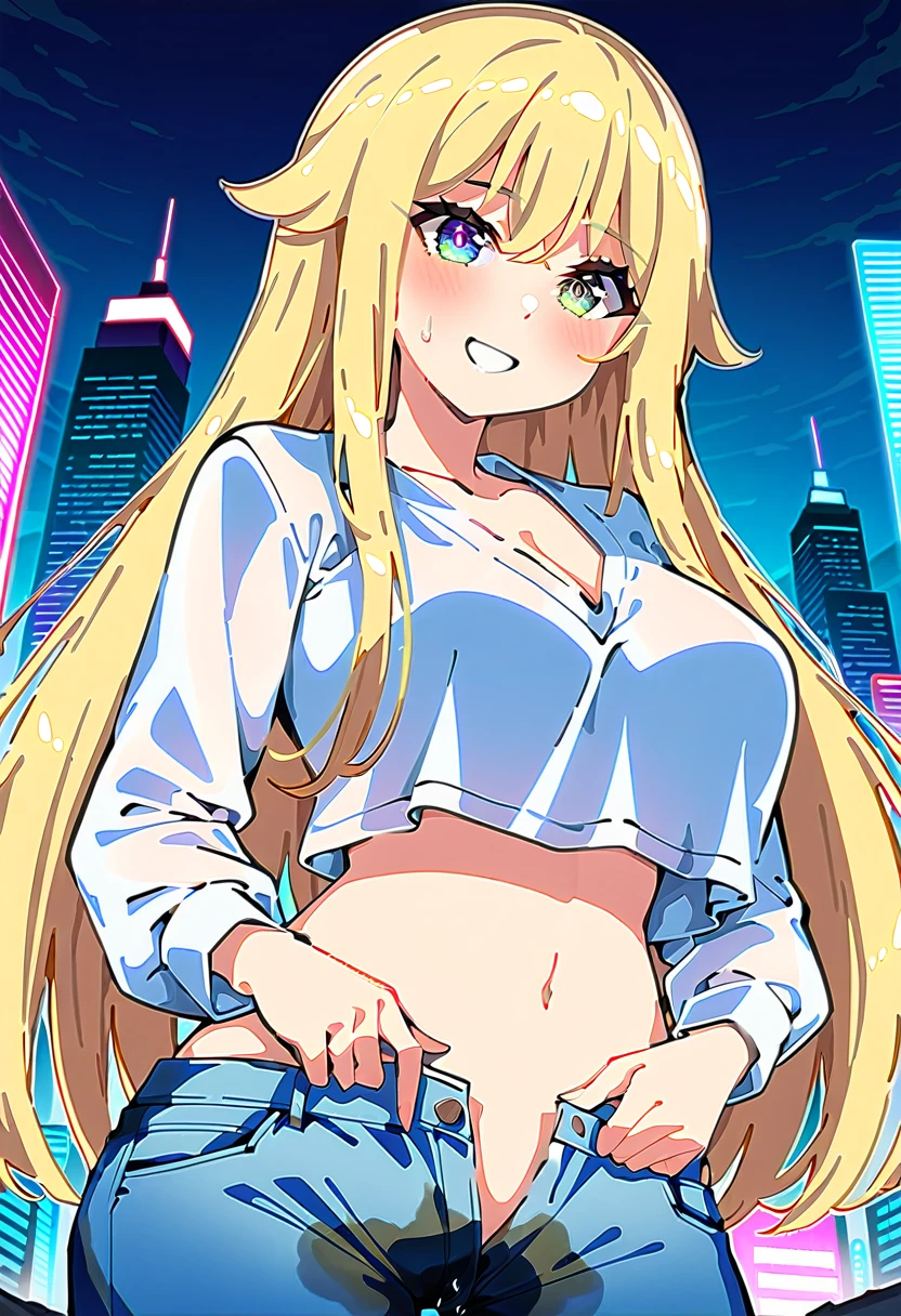 (masterpiece:1.37), best quality, (extremely detailed:1.37), woman, mature, adult, large breasts, very long hair, (straight hair:1.5), blonde hair, blue eyes, (extremely detailed eyes:1.37), crop top, cleavage, navel, jeans, open fly, (groin:1.25), desperation, (wetting: self 3.0), standing, city, futuristic, neon lighting, high-tech, street