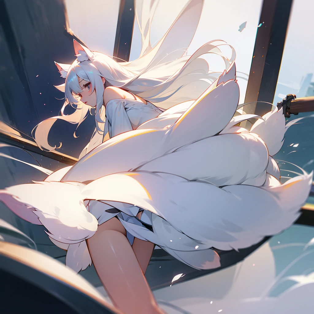 (extremely delicate and beautiful: 1.2), 1 cat girl, long hair, short clothes, white fur