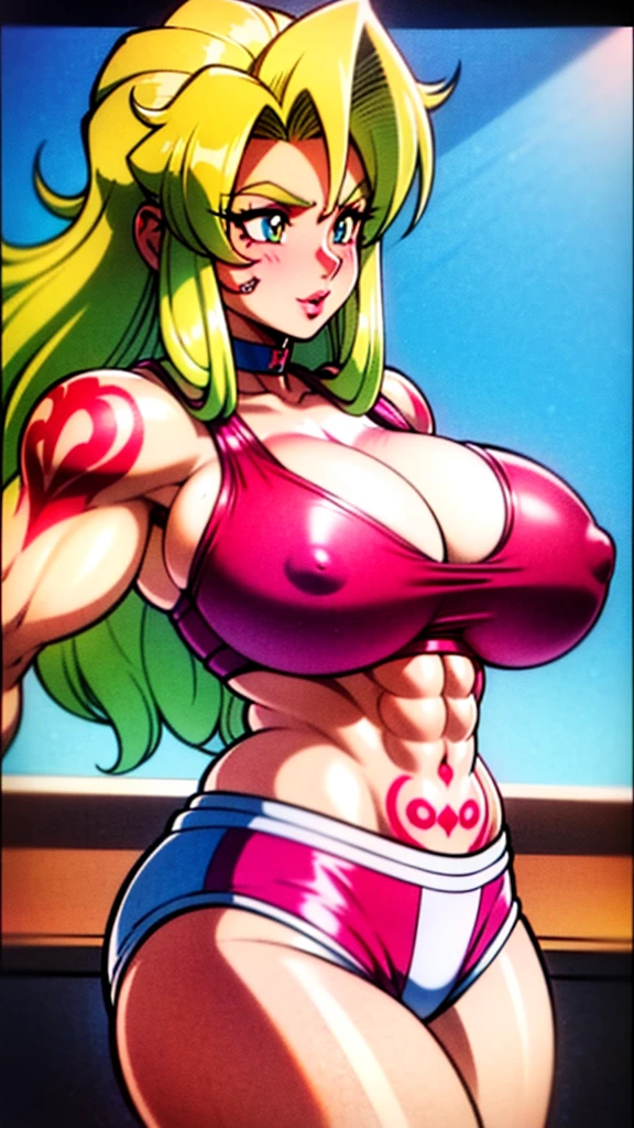 (beautiful detailed photo), (high quality image), (((woman with bodybuilder physique))), (((gorgeous face))), (((full plump lips))), (((beautiful eyes))), long curly blonde hair, (((huge muscles))), (((huge muscular upper body))), (((huge muscular laterals))), (((defined toned abs))), (((strong defined arms))), (((big breast))), (((big broad wide shoulders))), (((huge broad wide muscular shoulders))), (((huge broad muscular shoulders))), (((thin skinny thighs))), (((skinny legs))), (((tattoo on arm))), (((exposed cleavage))), ((sexy sports bra)), ((sexy spandex shorts)), (choker), (((sexy pose)))