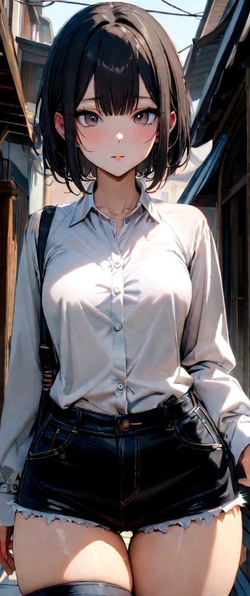 ((Highest quality, 8K, masterpiece :1.3)), Sharp focus :1.2, A pretty Japanese Girls with perfect figure :1.4, Slim Abs :1.2, ((Layered Haircut, Small breasts :1.2)), (Wear a blazer over a very thin white button-up shirt :1.1), City Street:1.2, Highly detailed face and skin texture, Fine grain, double eyelid, high leg denim hot pants, Japanese Girls, Thighs