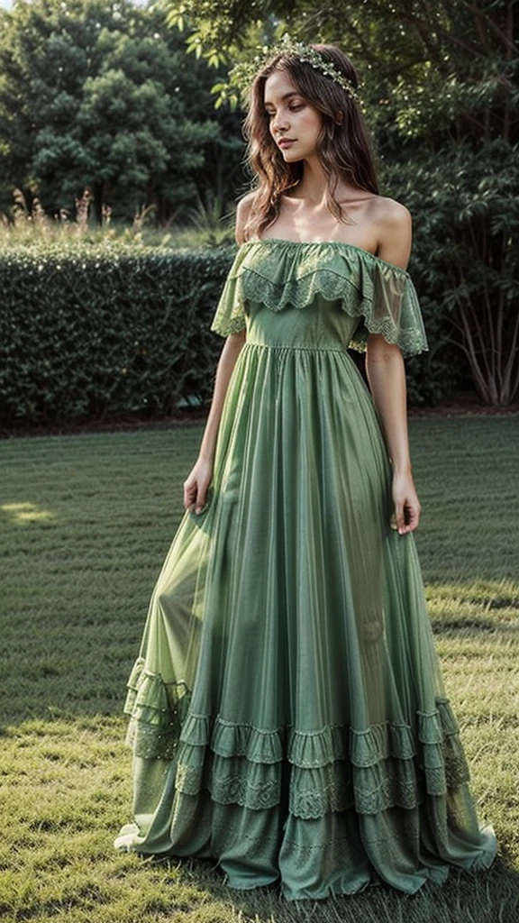 Off the shoulder, elegant, long, princess, flowy,  green dress. Very green nature influenced with elehant green lace at the top, and a sheer over layer.