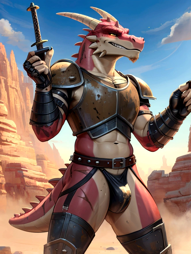 Solo Sexy young anthro scalie dragon male mercenary medieval solider, slim endomorph muscular, anthro handsome gay shorter muzzle, handsome gay model male apperance, sword scars, worn out leather skimpy armament, low on hips heavy leather belt, old very worn out skimpy dirty linen material jockstrap, old yellow dirty worn out stains on white sawn jockstrap, very visible "x" brown seam pattern on the jockstrap, studded skimpy armlets breastplate armor, skimpy breastplate, red husk, leather bondages, fingerless leather gloves, smelly unwashed husk, dirty body look, desert battlefield, standing in sexy fighting position, horny dirty playfull grin, close view of full character