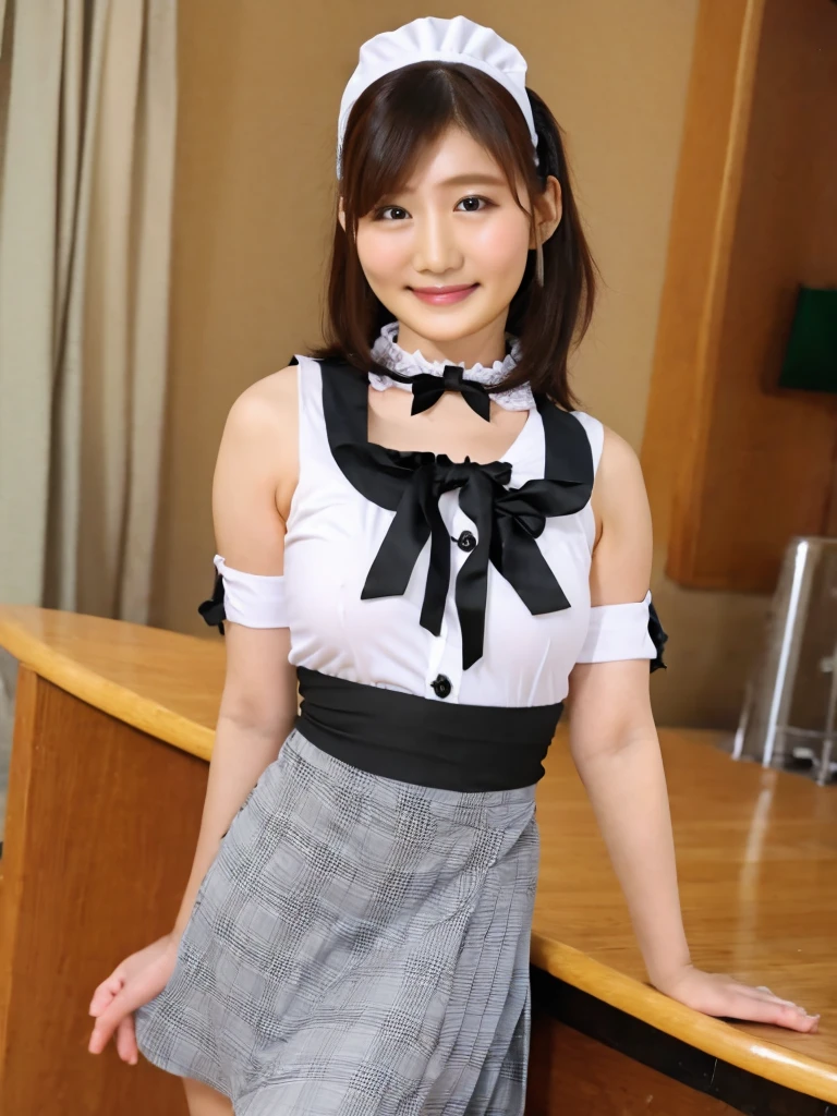 Highest quality、masterpiece、、Very detailed、Realistic、(Young face:1.4)、(Looks like an elementary school ???:1.4)、(Two Girls)、(Looking at me with a mischievous smile)、whole body、Small face、Narrow shoulders、(Big Breasts)、Thin and beautiful legs、Tight and slim waist、(Waitress uniform with buttons and collar:1.2)、(Light blue plaid mini skirt:1.1)、Short Hair、(Erect nipples:1.1)、apron、restaurant、mask