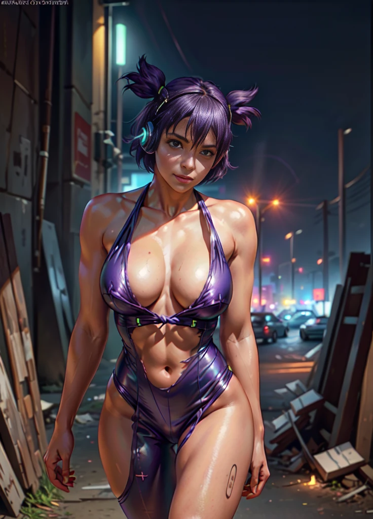 very young slim fit girl, full height, shy smile, perfect huge breast, cinematic light, HDR picture, 16k, masterpiece, cinematic light, ultra realistic, high definition picture, un, purple hair, (two sides up:1.2), (short hair:1.1), big green eyes, two twintails, ripped short red jumpsuit, tight microbikini, looking at camera, headphones, outdoors, (night:1.1), scenic view, cyber Moscow 2077, Russia, realistic, photo background, realistic skin texture, detailed background, beautiful and detailed artworko