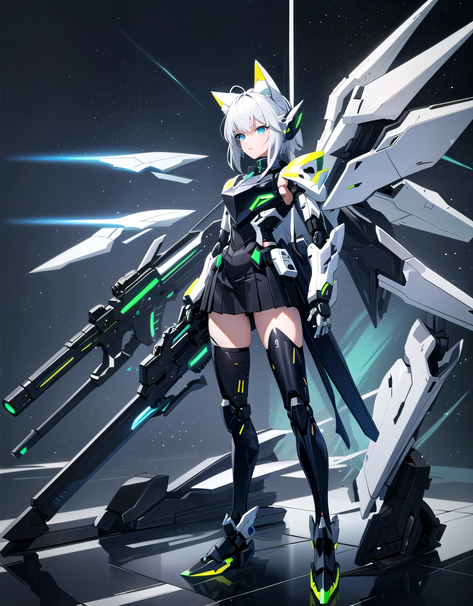 girl with partial light mecha top suit ((small neko ears)) and ((fox tail)), mechanical extensions, stokings, ((one leg has a_ black stocking)), the other leg is skin, holding a giant Sniper Rifle Pointed to the ground, Beautiful face with perfect sky-blue and green eyes, white hair, damaged oversized shirt over the suit which shows shoulders and skin. Futuristic wings with neon and rifles Cool dynamic pose, school skirt, mecha musume, mechanical parts, mecha, headgear, robot joints, full armor, becoming a mecha. High quality anime style