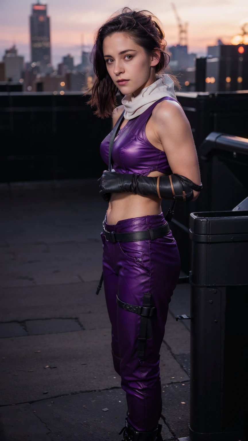 (masterpiece), (photorealistic1.4), (1 girl), (solo), (best quality), (epiCRealLife), (Kate Bishop long hair), (sleeveless top), (kateb2023 black utility belt), (kateb2023 purple costume), (purple pants) (kateb2023 purple sleevless bodysuit), (sks woman, Kristen Stewart, white scarf),(white scarf), (kateb202), (bare shoulder), (night time), (kateb2023 wearing black boot), (elbow gloves), (abs), (flash photography), (flashphoto), (outdoor), , (sunset), (look at viewers),(light smile), , standing on new york city rooftop), (from side), (city landscape), (close up)