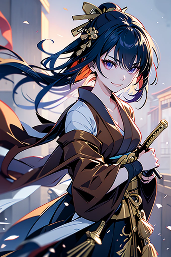 roll up bandage on a chest tightly to cover the chest without gaps under kimomo, Japanese Gangster BOSS, adult woman with the dignified presence, Killing Qi, wear the kimono, ((kimono come off)) ,wear the kimono multiple times, Bare shoulders and the clavicle, black and gold kimono, put on over jacket of kimono, holding a japanese sword which shine in purple, long sword, eye fire, low angle, whole body, bandage is seen, anime character, inappropriate smile, off sholder, nappropriate smile, Excellent, black blue hair