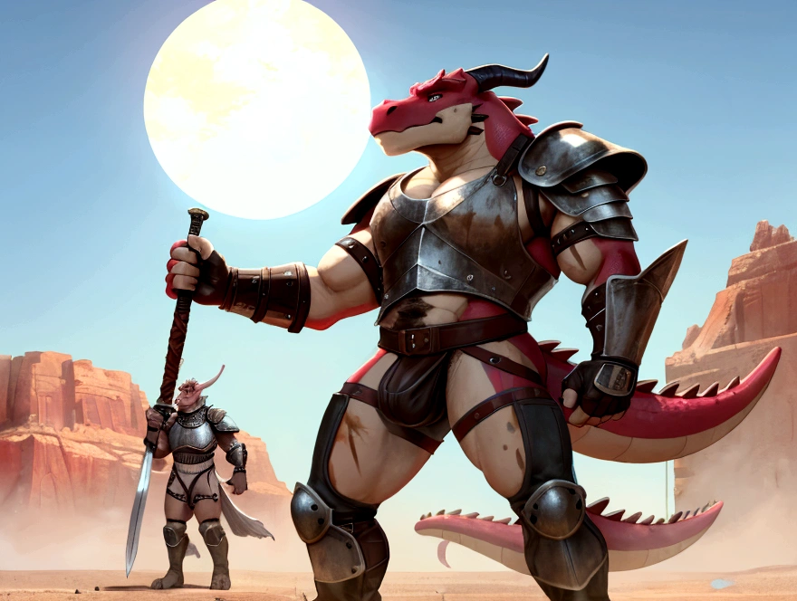 Solo Sexy young anthro scalie dragon male mercenary medieval solider, slim endomorph muscular, anthro handsome gay shorter muzzle, handsome gay model male apperance, sword scars, worn out leather skimpy armament, low on hips heavy leather belt, old very worn out skimpy dirty linen material jockstrap, old yellow dirty worn out stains on white sawn jockstrap, very visible "x" brown seam pattern on the jockstrap, studded skimpy armlets breastplate armor, skimpy breastplate, red husk, leather bondages, fingerless leather gloves, smelly unwashed husk, dirty body look, desert battlefield, standing in sexy victorious position over me, dirty playfull grin, close view of full character from bellow, view from ground under his jockstrap