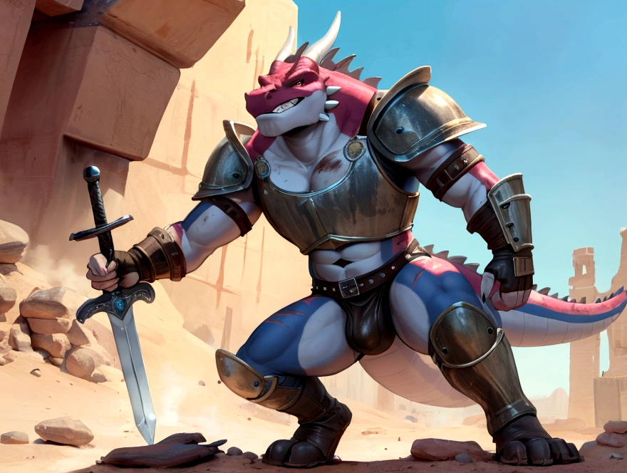 Solo Sexy young anthro scalie dragon male mercenary medieval solider, slim endomorph muscular, anthro handsome gay shorter muzzle, handsome gay model male apperance, sword scars, worn out leather skimpy armament, low on hips heavy leather belt, old very worn out skimpy dirty linen material jockstrap, old yellow dirty worn out stains on white sawn jockstrap, very visible "x" brown seam pattern on the jockstrap, studded skimpy armlets breastplate armor, skimpy breastplate, red husk, leather bondages, fingerless leather gloves, smelly unwashed husk, dirty body look, desert battlefield, standing in sexy victorious position over me, dirty playfull grin, close view of full character from bellow, view from ground under his jockstrap