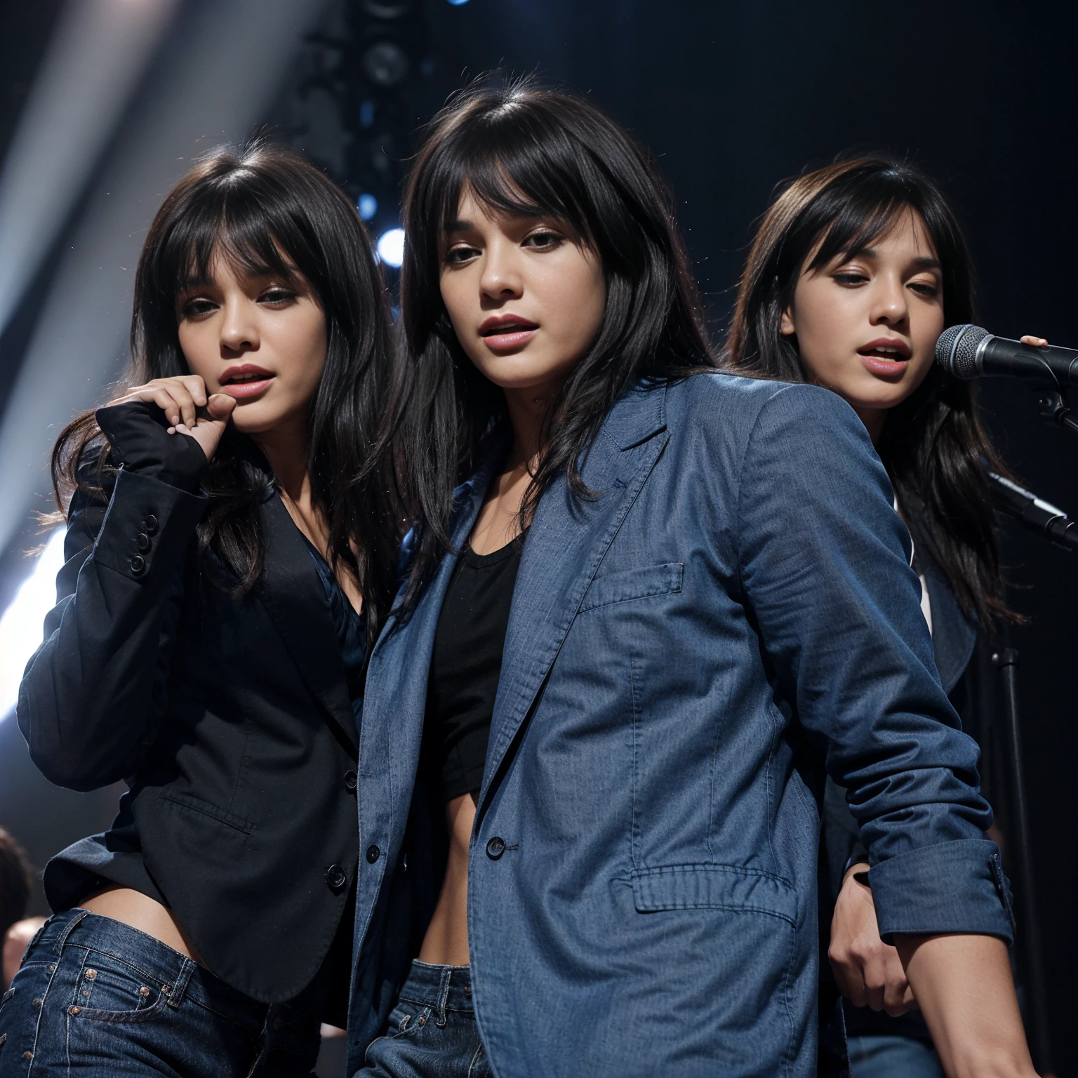 A couple and a singer man with brown eyes and black hair wearing a blue blazer and jeans, with bangs falling over the forehead, performing on stage