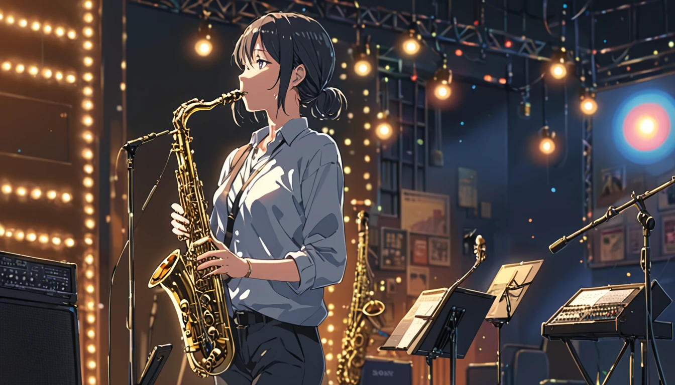 ((Anime: 1.4, Illustration)), (Masterpiece, Top Quality, Best Quality), (Ultra-Detailed, Absolutely Resolution), ((16k, HIGH RES)) (Jazz, Saxophone, Stage, Mood Lights), ( Anime: 1.4, Illustration)), (Masterpiece, Top Quality, Best Quality), (Ultra-Detailed, Absolutely Resolution). Ak {Lofi Art, Style of Laurie Greasley, Style of Makoto Shinkai, Anime Aesthetic}, BREAK {(Produces IMAGES WITH ITH INFORMATION THAN 40 Million Pixels with Cinematic-Like Detailed Textures S Hot on a Sony slur).}