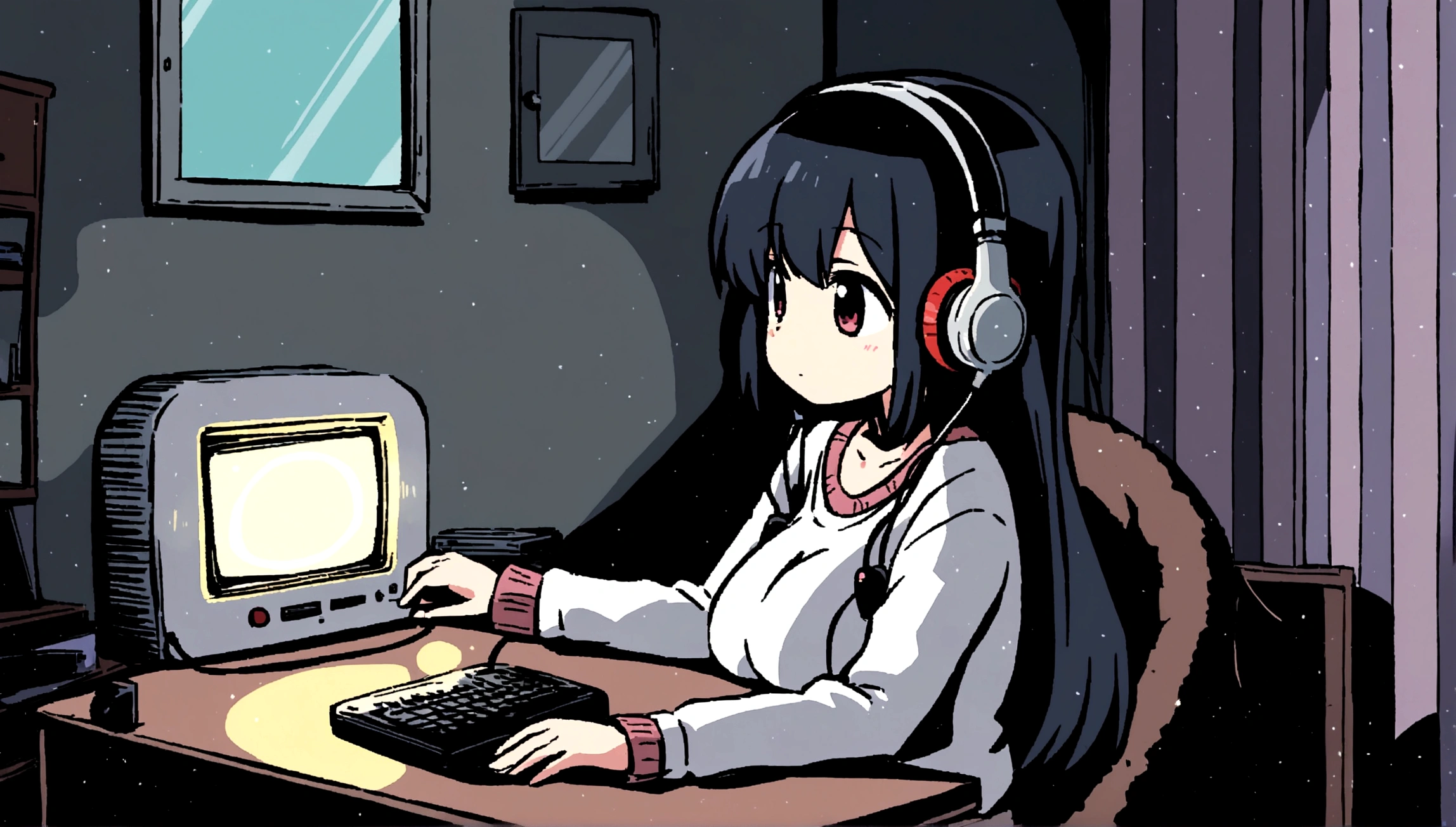 Girl listening to music in cozy room at night, Use headphones, 2D style anime, lo fi, hard disk, dark environment,A cute girl is in her room, not turning on the lights, with her large breasts resting on the desk while she fiddles with her computer.