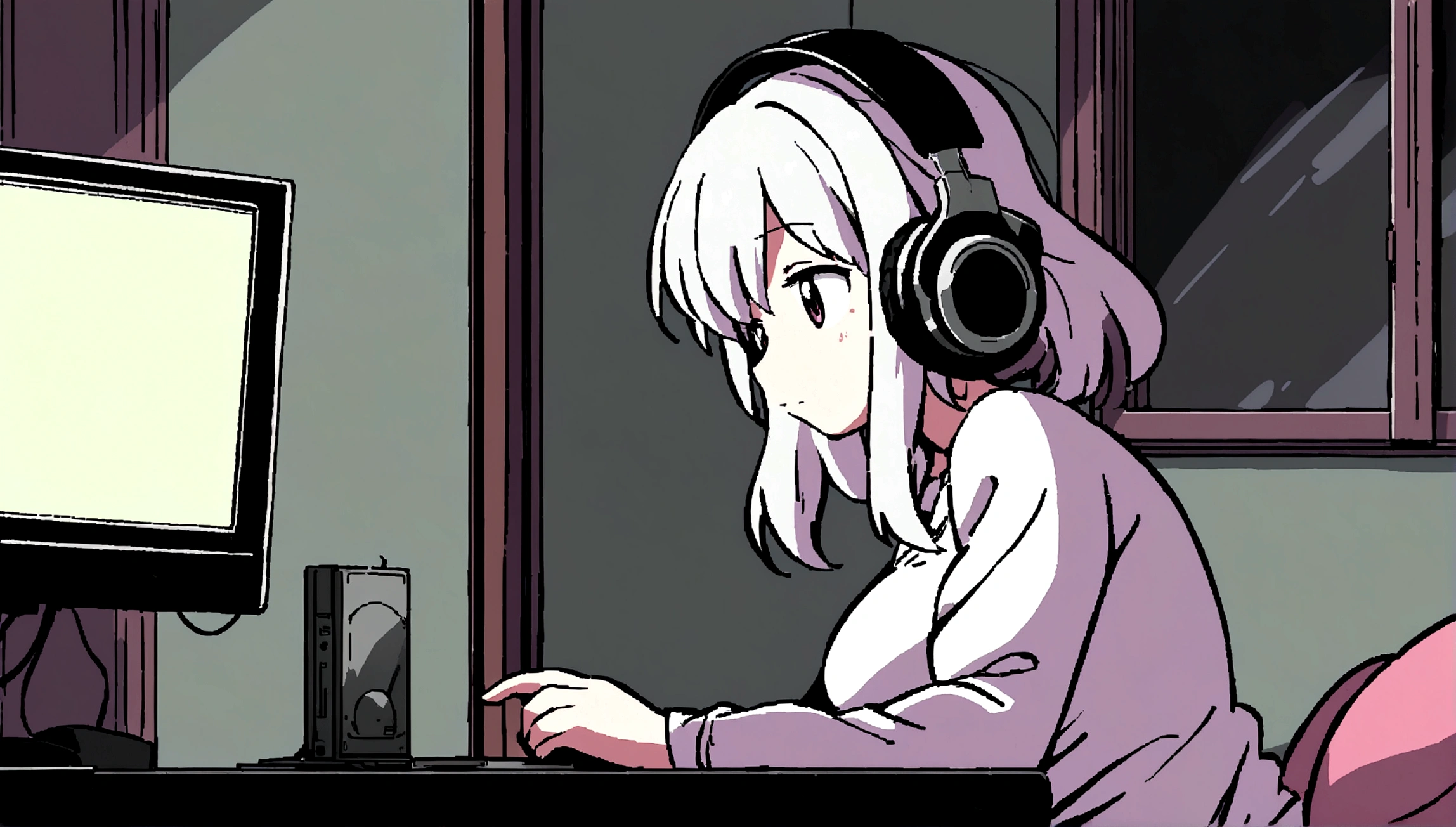 Girl listening to music in cozy room at night, Use headphones, 2D style anime, lo fi, hard disk, dark environment,A cute girl is in her room, not turning on the lights, with her large breasts resting on the desk while she fiddles with her computer.