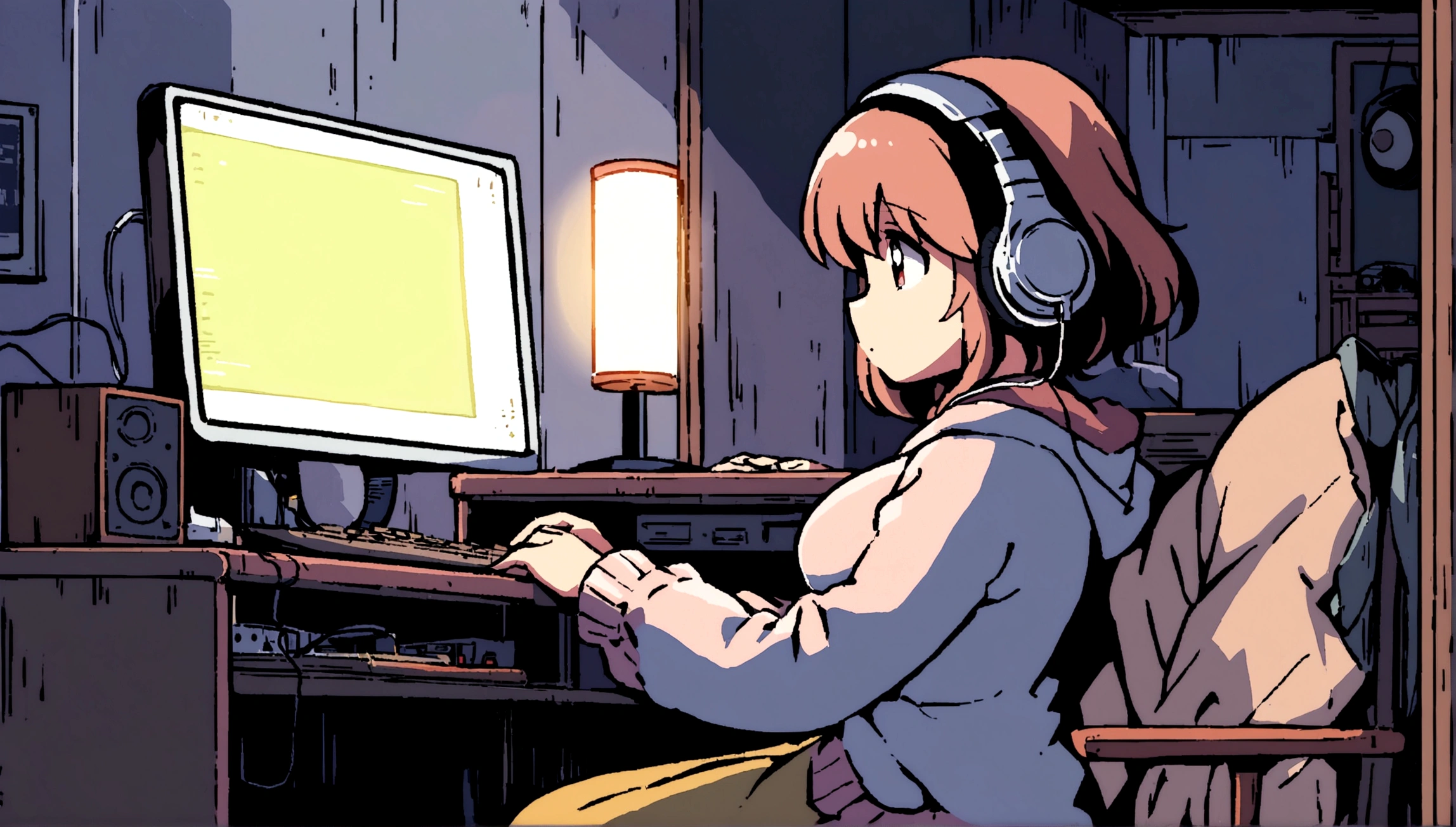 Girl listening to music in cozy room at night, Use headphones, 2D style anime, lo fi, hard disk, dark environment,A cute girl is in her room, not turning on the lights, with her large breasts resting on the desk while she fiddles with her computer.