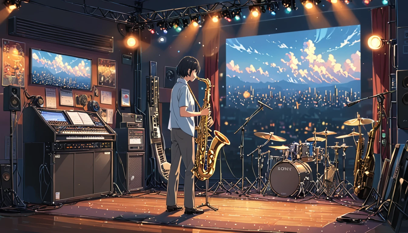 ((Anime: 1.4, Illustration)), (Masterpiece, Top Quality, Best Quality), (Ultra-Detailed, Absolutely Resolution), ((16k, HIGH RES)) (Jazz, Saxophone, Stage, Mood Lights), ( Anime: 1.4, Illustration)), (Masterpiece, Top Quality, Best Quality), (Ultra-Detailed, Absolutely Resolution). Ak {Lofi Art, Style of Laurie Greasley, Style of Makoto Shinkai, Anime Aesthetic}, BREAK {(Produces IMAGES WITH ITH INFORMATION THAN 40 Million Pixels with Cinematic-Like Detailed Textures S Hot on a Sony slur).}
