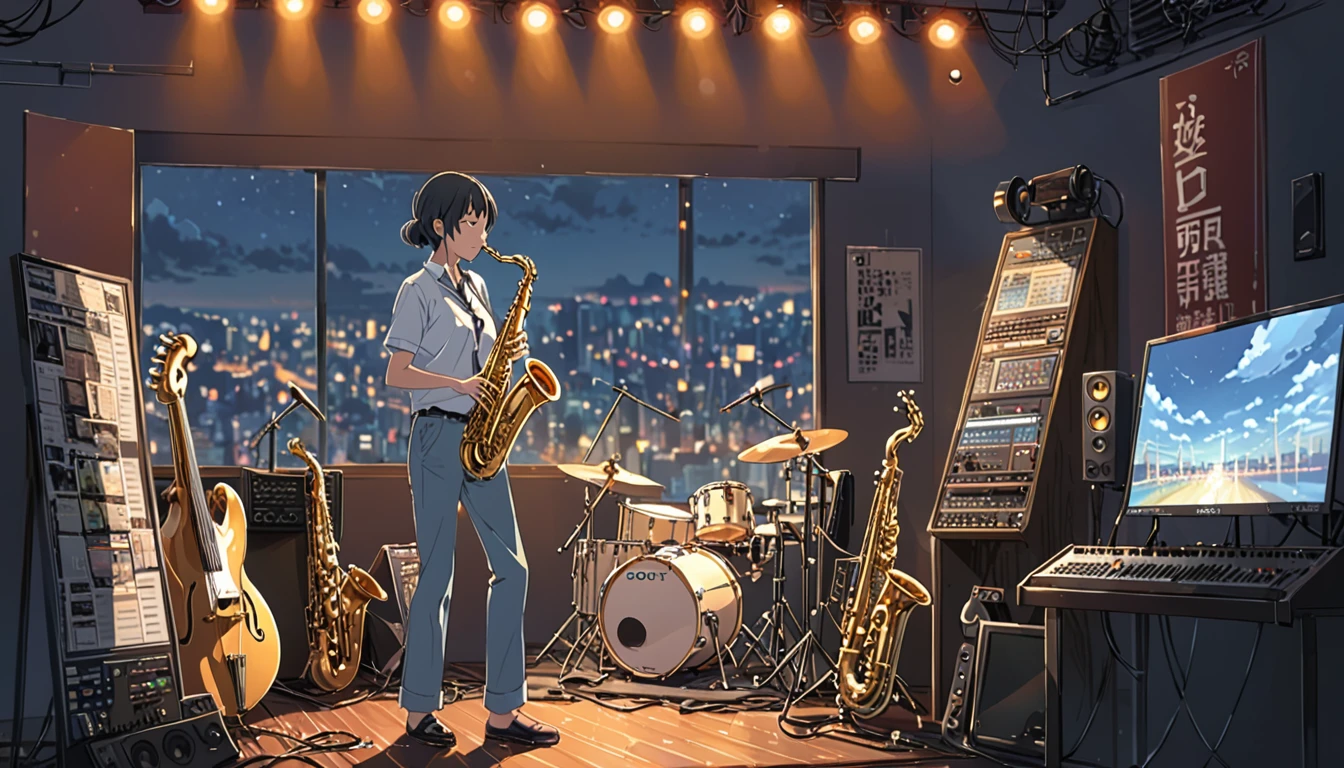 ((Anime: 1.4, Illustration)), (Masterpiece, Top Quality, Best Quality), (Ultra-Detailed, Absolutely Resolution), ((16k, HIGH RES)) (Jazz, Saxophone, Stage, Mood Lights), ( Anime: 1.4, Illustration)), (Masterpiece, Top Quality, Best Quality), (Ultra-Detailed, Absolutely Resolution). Ak {Lofi Art, Style of Laurie Greasley, Style of Makoto Shinkai, Anime Aesthetic}, BREAK {(Produces IMAGES WITH ITH INFORMATION THAN 40 Million Pixels with Cinematic-Like Detailed Textures S Hot on a Sony slur).}