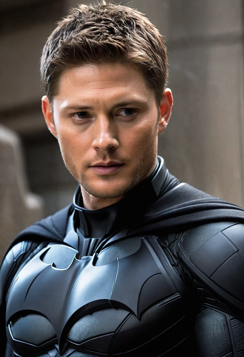 (((Extreme close-up Jensen Ackles under the mantle of Bruce Wayne aka Batman black hair Suit Batman DC universe front images color images Splash)))