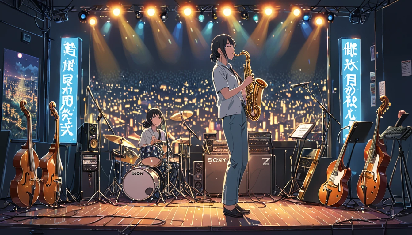 ((Anime: 1.4, Illustration)), (Masterpiece, Top Quality, Best Quality), (Ultra-Detailed, Absolutely Resolution), ((16k, HIGH RES)) (Jazz, Saxophone, Stage, Mood Lights), ( Anime: 1.4, Illustration)), (Masterpiece, Top Quality, Best Quality), (Ultra-Detailed, Absolutely Resolution). Ak {Lofi Art, Style of Laurie Greasley, Style of Makoto Shinkai, Anime Aesthetic}, BREAK {(Produces IMAGES WITH ITH INFORMATION THAN 40 Million Pixels with Cinematic-Like Detailed Textures S Hot on a Sony slur).}