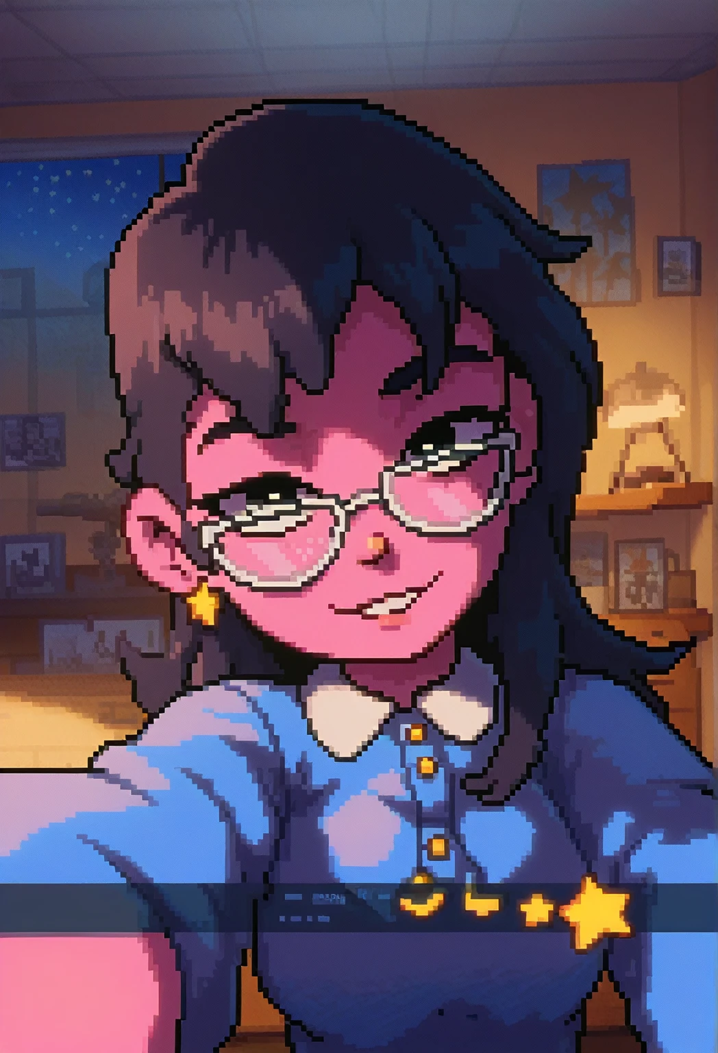 pixel art, Veronica Cipher ((upper body selfie, hapiness的)), Masterpiece, Superior quality, ultra detailed, alone, exterior, (evening), ROOM, gamer, (Star, officer) hapiness, hapiness的, sweater, have, wood, Get rich, shadow, Compared, clear sky, analogy style (View viewer:1.2) (texture) (film grain: 1.3), (cold colors, pastel colors): 1.2) close up, movie light, Side light, ultra high resolution, 背心shadow, RAW, wear a sweater, Kodak Vision 3, girl, Glasses, black eyes, (black hair, wide, messy fur) pink skin.