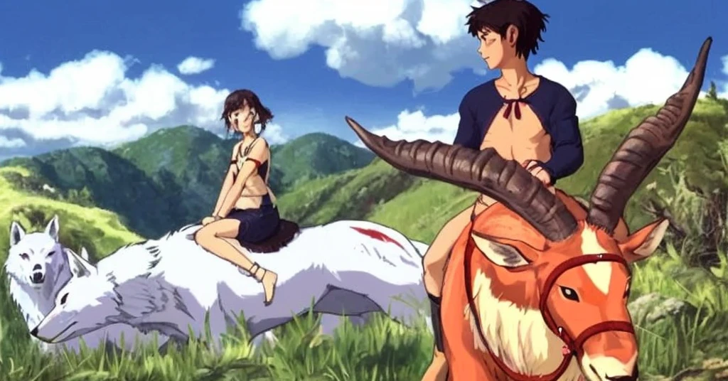 A girl is riding on the wolf, A boy is riding on the red deer. they are looking each other