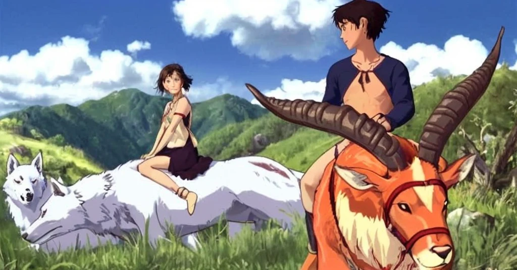 A girl is riding on the wolf, A boy is riding on the red deer. they are looking each other