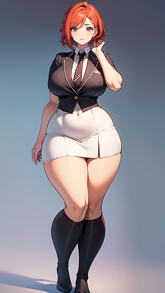 blank background, (((full body))), (masterpiece), ((best quality)), ((tall girl)), straight hair (curvy:1.7), (short skirt), shoes, belt below navel, redhead hair,, (black suit and tie), wide hips