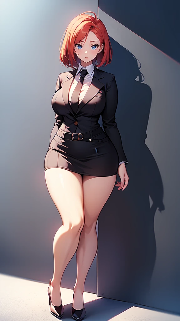 blank background, (((full body))), (masterpiece), ((best quality)), ((tall girl)), straight hair (curvy:1.7), (short skirt), shoes, belt below navel, redhead hair,, (black suit and tie), wide hips