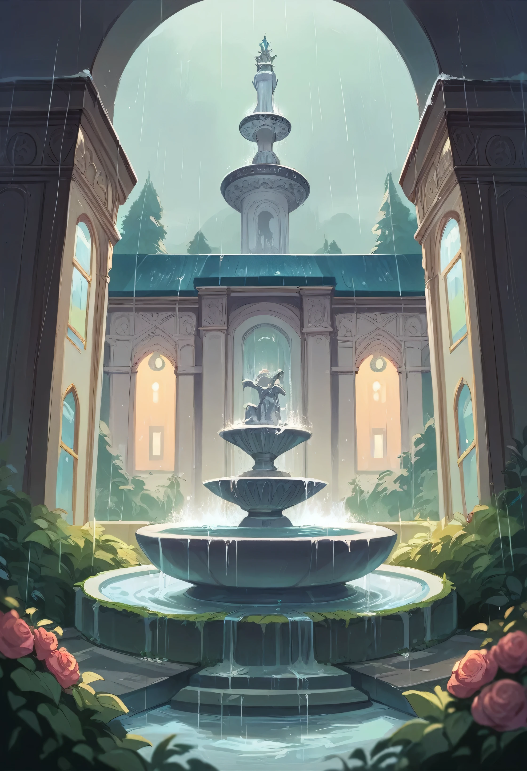 Landscape France fountain, rain cold lights and violet reflections
