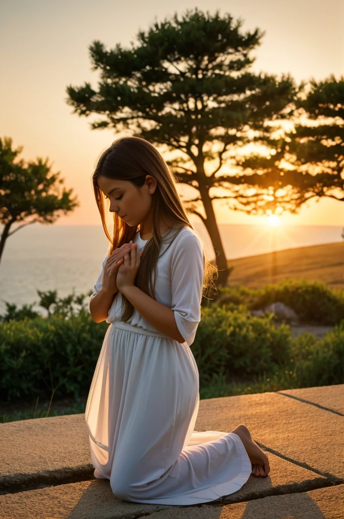 Create a high-resolution album cover with a 3:2 aspect ratio for a heartfelt worship song about drawing near to God. The image should evoke a sense of peace, spiritual connection, and healing. It should include:

A serene and quiet setting, perhaps a calm, natural landscape at sunrise or sunset
A subtle depiction of a figure in prayer or in a posture of worship, such as with hands lifted high or kneeling
Gentle, warm light shining, symbolizing divine presence and comfort
Soft, soothing colors, like pastels or warm tones, to convey a sense of warmth and tranquility