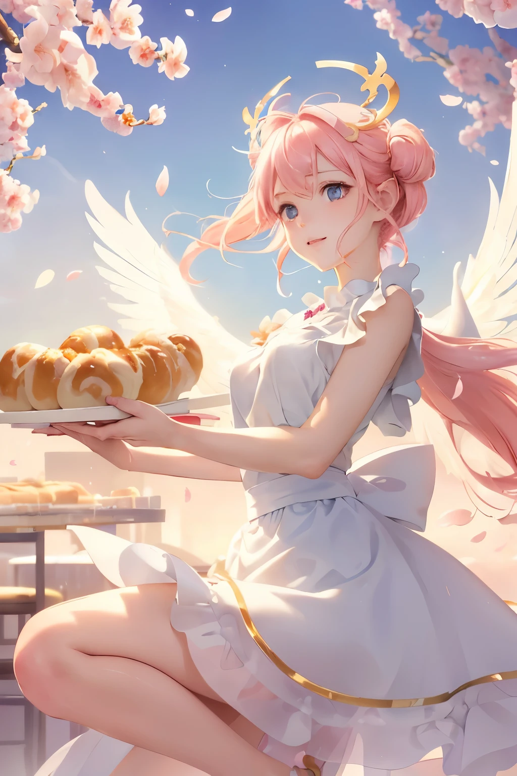 Anime Pastry Angel:

(Masterpiece, High-quality),(Sweet and whimsical, Pastel colors, Delicate details, Sugar-coated wings),(Anime style, Realistic, Hyper-realistic),(Angelic face, Beautiful eyes, Radiant smile),(Pink hair, Wings embedded with pastries, Golden halos),(In a bakery, Pastries and sweets everywhere),(Cherry blossoms, Spring scenery, Anime background),(Floating in the air, Kneading dough, Pastries floating around),(Beautifully drawn, Smooth Anime CG Art, Anime painter studio),