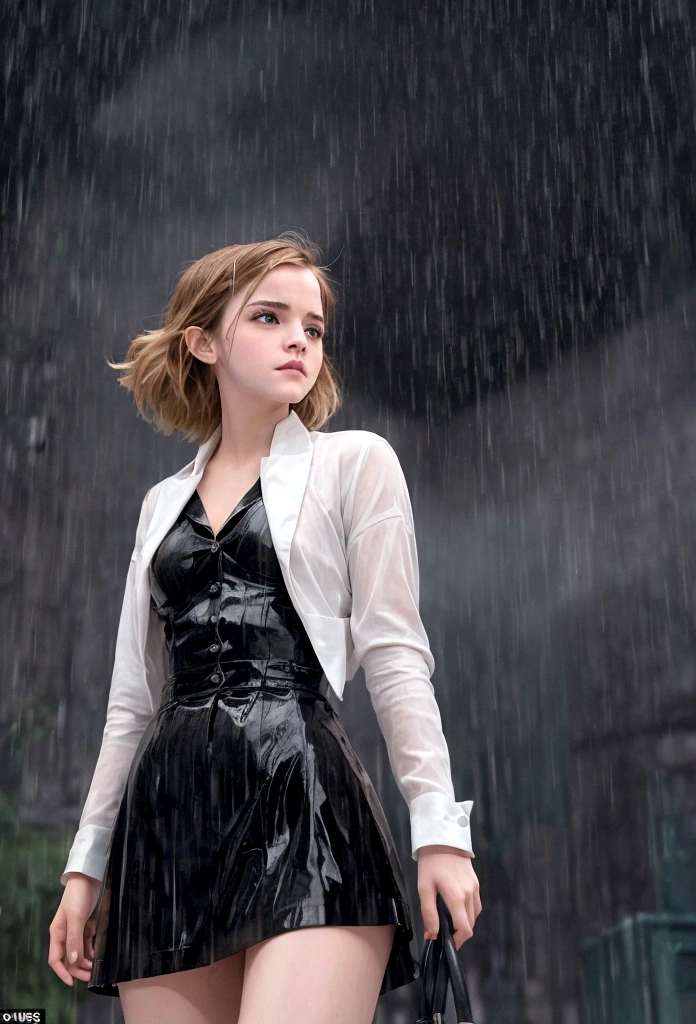 actress Emma Watson walking in the rain on a very rainy day, strong wind, big breasts, with little clothing, view from below, camera from afar, detailed image, high quality