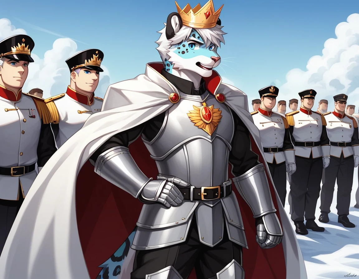 Score_9, score_8_up, score_7_up, source_cartoon, Anthro male, snow leopard, short white hair, blue eyes,  wearing regal kings outfit, kings top, elegant slacks, crown, wearing silver armor, white cape, young, tall and slender, portrait, standing, pointing to a battlefield, many soldiers in the background marching, huge army in the background, outdoors