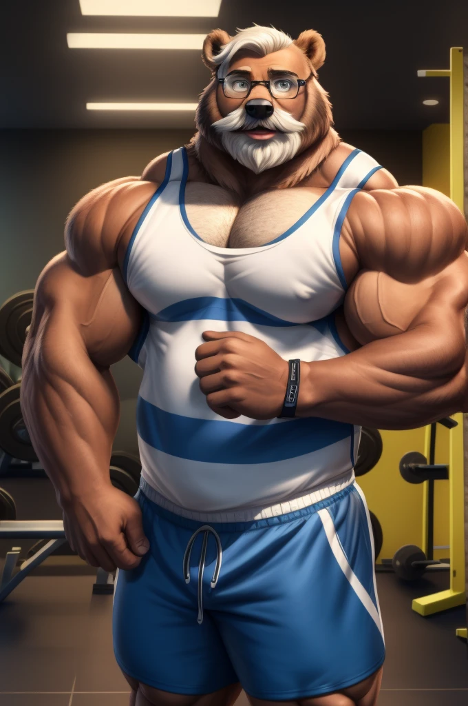 solo, 1boy, Huge Muscular Old Grizzly Bear wearing glasses , pectoral, huge pectoral, wide pectoral, short white hair, gym shorts, black wristbands and black tank top , bearded, Mustache, gym background, masterpiece, high detailed, 8k, high resolution, at the gym, flexes huge muscles,